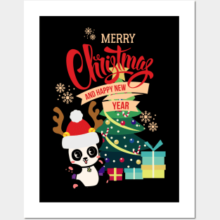 Cute Happy Panda Receives Many Christmas Gifts Posters and Art